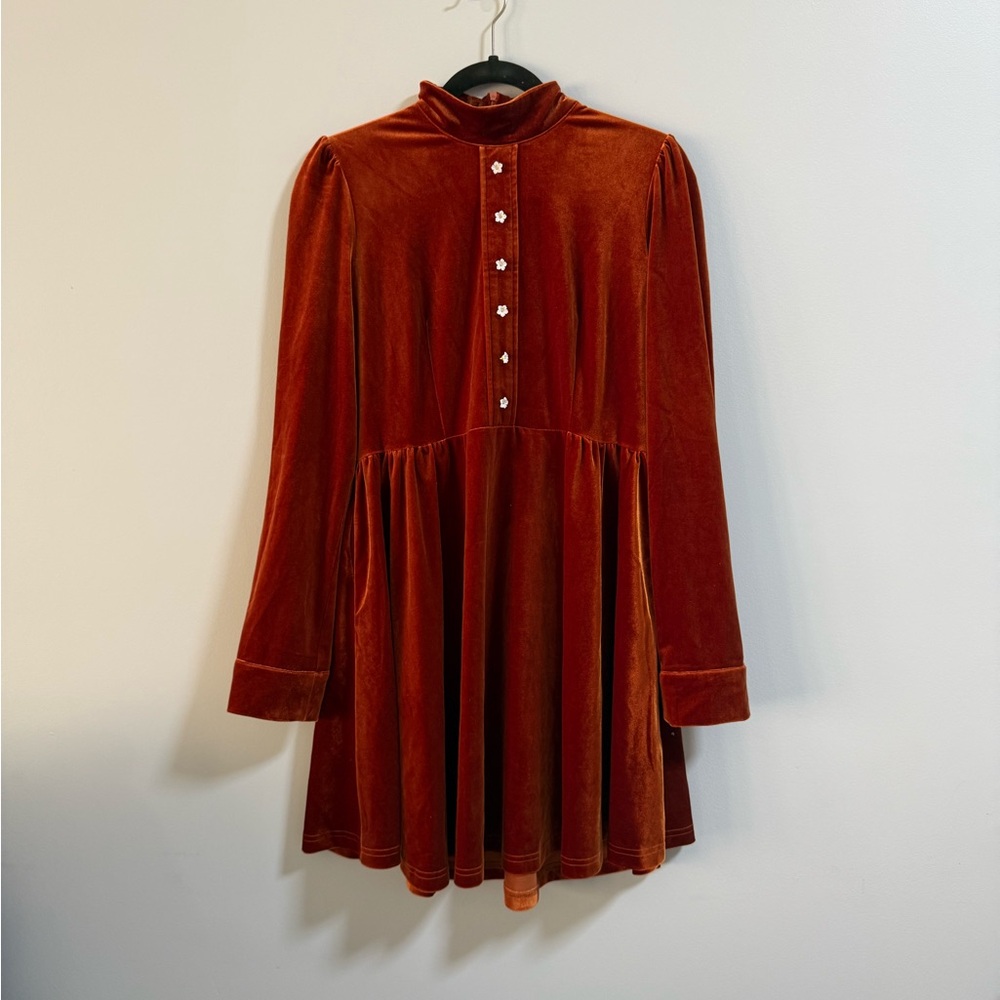 Velvet Long Sleeve Dress with Button Detail